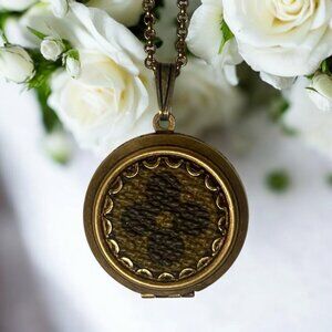 Upcycled Reworked LV Monogram Canvas Locket Necklace Handmade Flower Motif Small